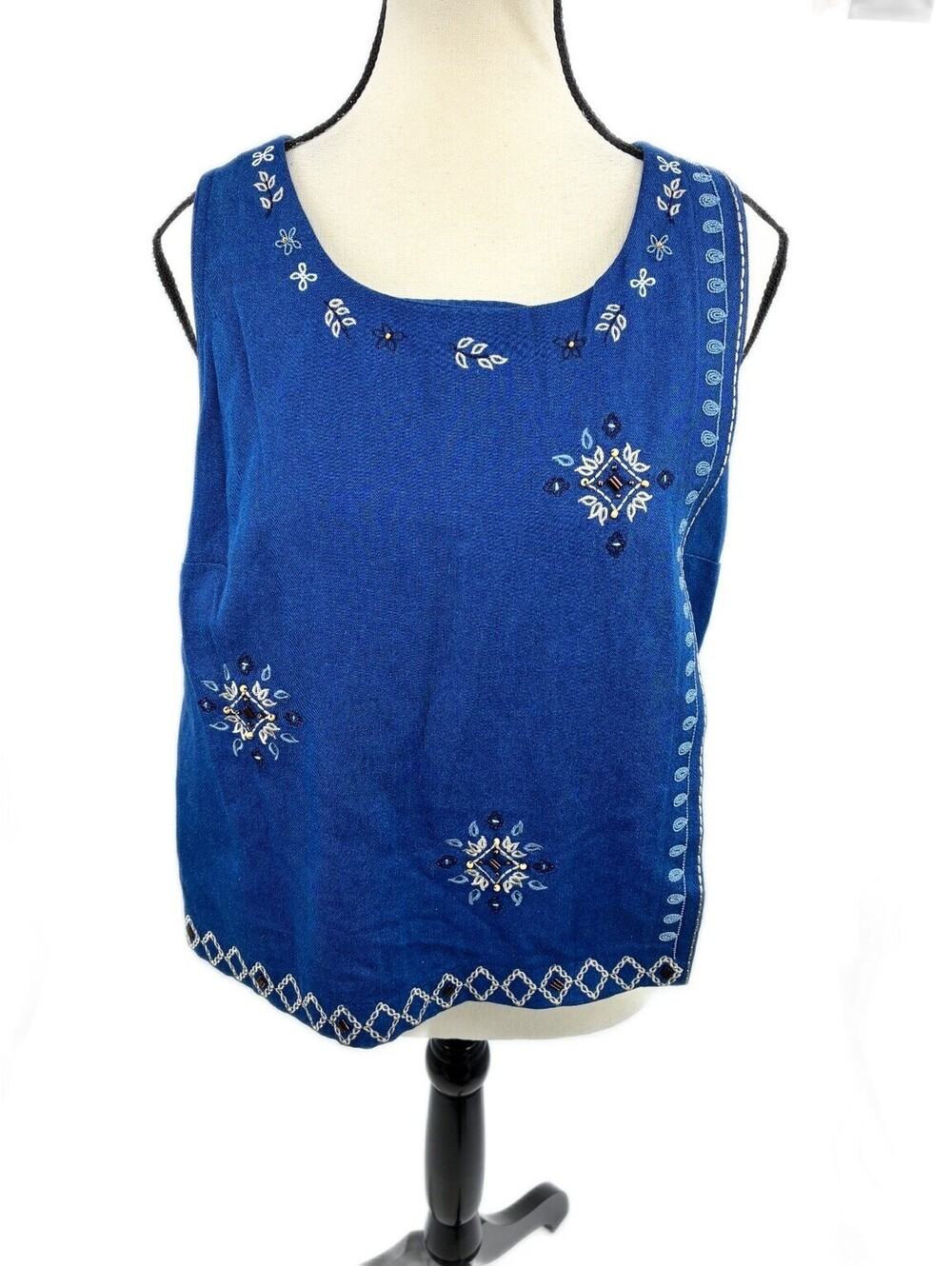 Vintage Koret City Blues Womens Blue Embroidered Sleeveless Top Size S